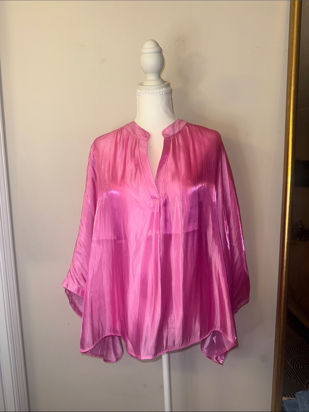 glam Shiny Pink Flowing V-Neck Blouse